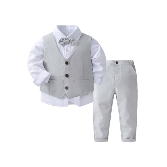 TiaoBug Toddler Boys Wedding Ring Bearer Formal Suit Long Sleeve Shirt Tuxedo Vest Pants Baptism Dressy Outfits Grey 5-6