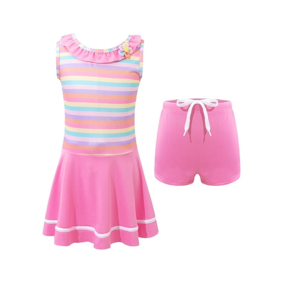 TiaoBug Two Pieces Bathing Suit for Child Girls Flounces Ruffled Sleevelss Swim Dress with Shorts Pool Beach Swimwear Pink 11-12