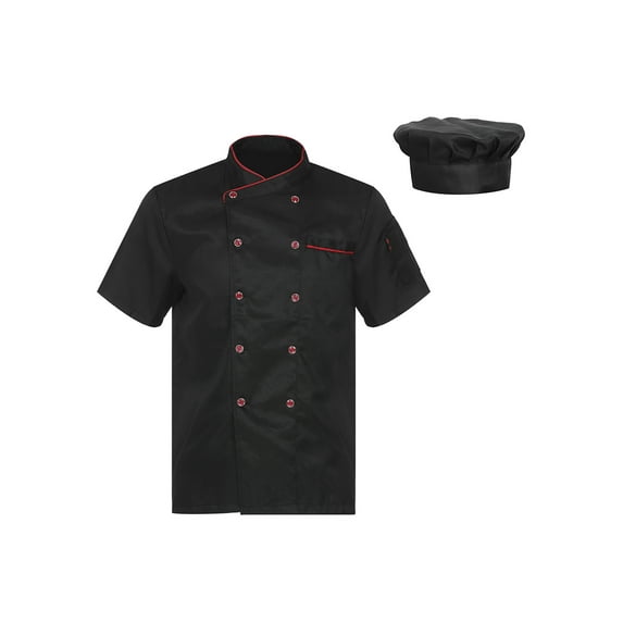 TiaoBug Unisex Adult Chef Jacket with Hat Set Mens Womens Hotel Restaurant Kitchen Chef Cooking Uniform Black Short Sleeve XXL