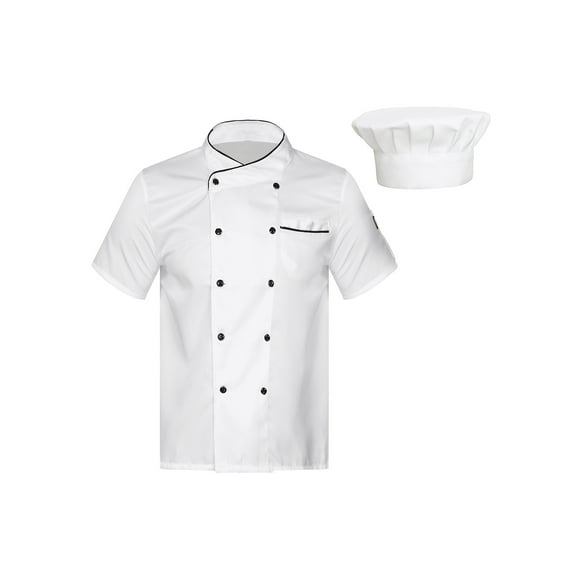 TiaoBug Unisex Adult Chef Jacket with Hat Set Mens Womens Hotel Restaurant Kitchen Chef Cooking Uniform White Short Sleeve 4XL
