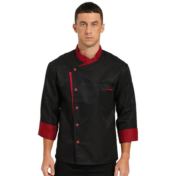 TiaoBug Unisex Chef Coat Long Sleeve Contrast Color Chef Jacket Restaurant Kitchen Cooking Uniform Black XXL