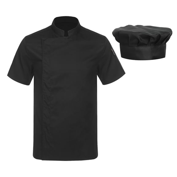TiaoBug Unisex Chef Coat Short Sleeve Jacket Kitchen Work Uniform with Hat Black XXL