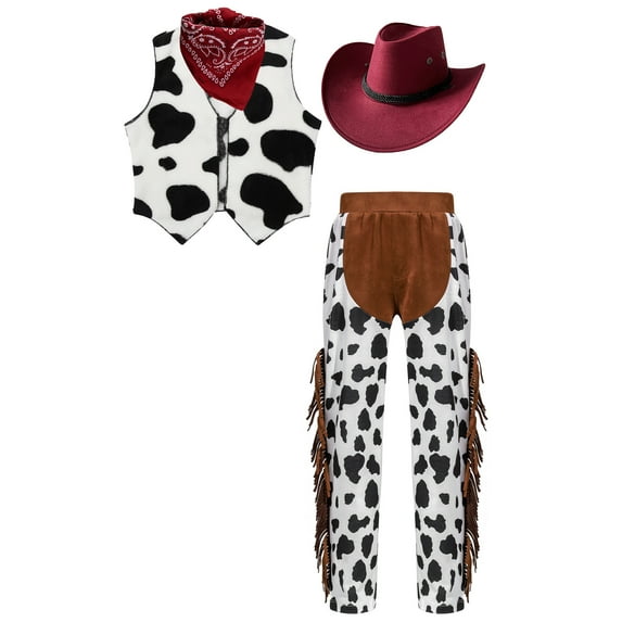 TiaoBug Unisex Kids Cowboys Cowgirls Role Play Fancy Outfits Carnival Party Performance Dress Up Burgundy 6