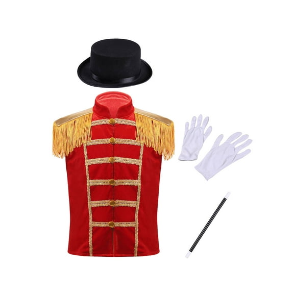 TiaoBug Unisex Kids Medieval Circus Ringmaster Costume Tassel Vest Halloween Party Magician Cosplay Outfits Red 6