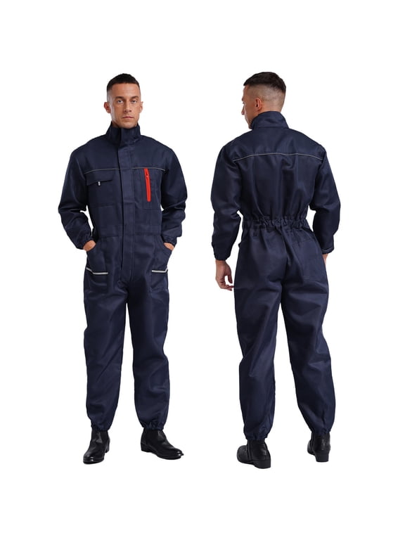 Unisex Men's Work Overalls One Piece Mechanics Workwear Long Sleeve Jumpsuit Coveralls Navy Blue 175/XL