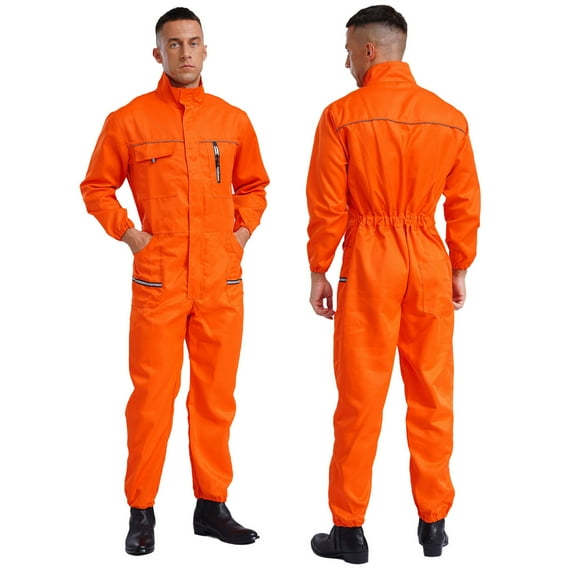 TiaoBug Unisex Men's Work Overalls One Piece Mechanics Workwear Long Sleeve Jumpsuit Coveralls Orange 195/5XL