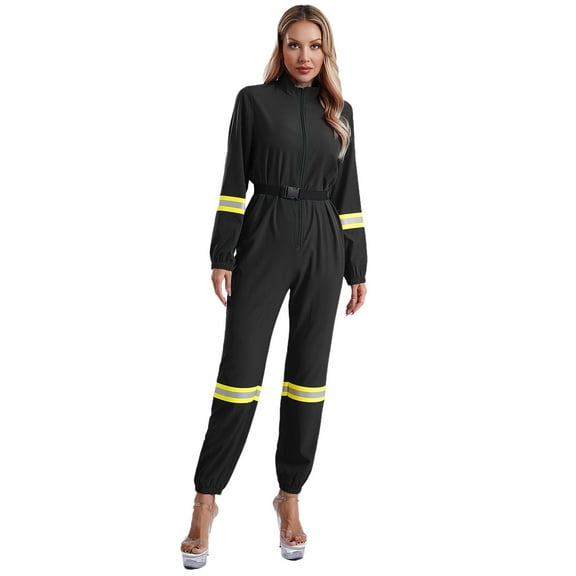 TiaoBug Woman Fire Fighter Costume Halloween Outfit Long Sleeve Front Zipper Bodysuit Uniform Jumpsuit Black S