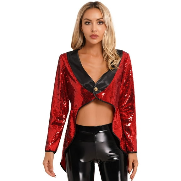 TiaoBug Woman's Magician Costume Tailcoat Tuxedo Jacket Sequins Long Sleeve Coat Circus Blazer Red XL