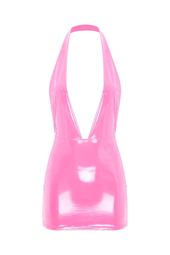 Woman's Wet Look Patent Leather Bodycon Mini Dress Plunging Backless Evening Party Cocktail Dresses Pink S