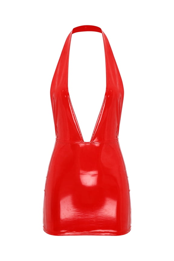 Woman's Wet Look Patent Leather Bodycon Mini Dress Plunging Backless Evening Party Cocktail Dresses Red 3XL