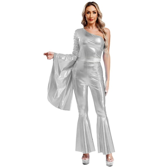TiaoBug Women 70s Disco Costume One Shoulder Long Sleeve Bell Bottom Hippie Club Jumpsuit Silver L