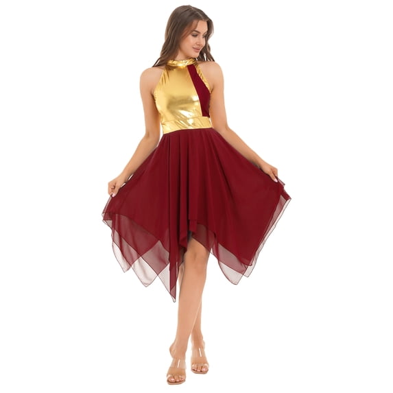 TiaoBug Women Asymmetrical Metallic Color Block Tunic Dress Lyrical Dance Costume Praise Liturgical Dancewear Burgundy M