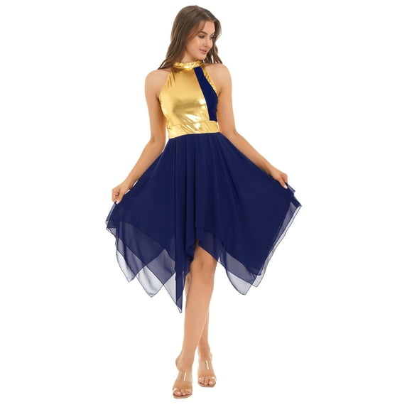 TiaoBug Women Asymmetrical Metallic Color Block Tunic Dress Lyrical Dance Costume Praise Liturgical Dancewear Navy Blue XL