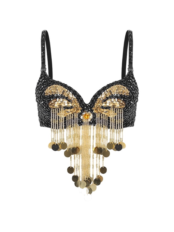 Women Belly Dance Bra Adjustable Straps Sparkly Sequins Beading Tassel Underwired Crop Tops Black One Size