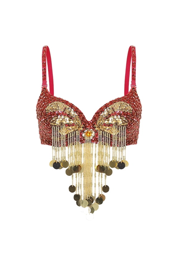 Women Belly Dance Bra Adjustable Straps Sparkly Sequins Beading Tassel Underwired Crop Tops Red One Size