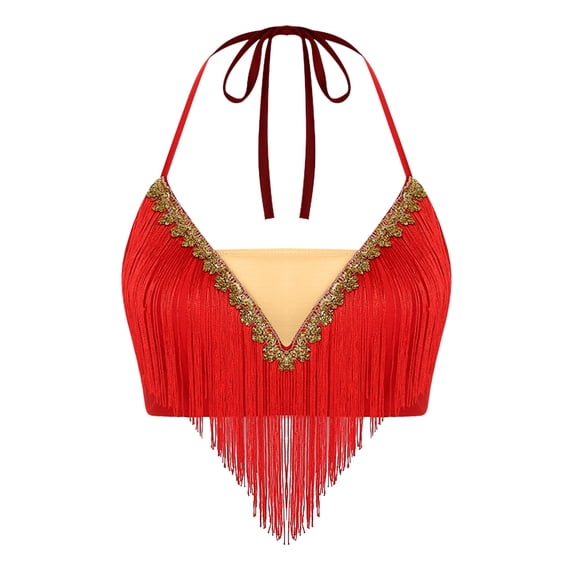 TiaoBug Women Belly Dance Bra Fringe Top Halter Neck Festivals Rave Dance Performances Stage Outfits Red XXL