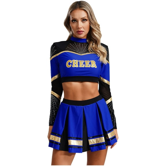 TiaoBug Women Cheer Leader Uniform Dance Cheerleading Costume Long Sleeve Crop Top with Mini Skirt Blue XXL