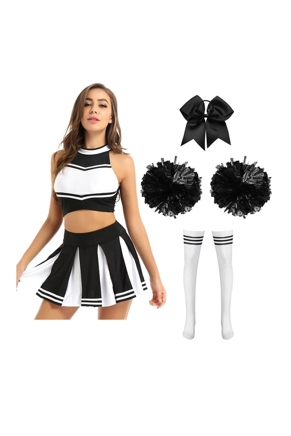 Women Cheerleading Costume Musical Cheer Leader Uniform with Striped Socks Bow Hair Pom Poms Black B M