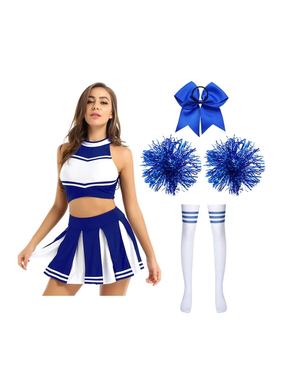 Women Cheerleading Costume Musical Cheer Leader Uniform with Striped Socks Bow Hair Pom Poms Blue A M