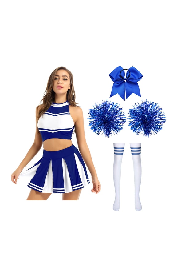 Women Cheerleading Costume Musical Cheer Leader Uniform with Striped Socks Bow Hair Pom Poms Blue A M