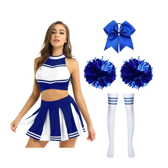 TiaoBug Women Cheerleading Costume Musical Cheer Leader Uniform with Striped Socks Bow Hair Pom Poms Blue A S
