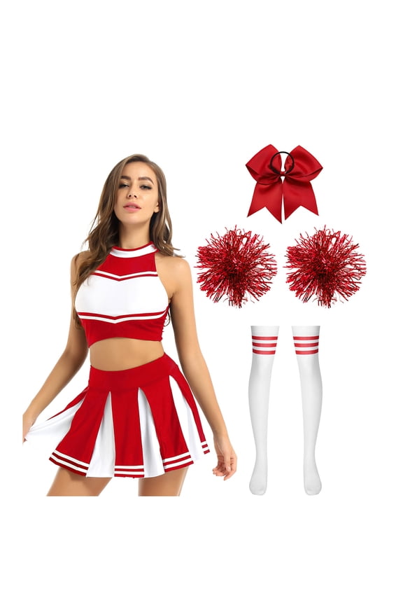 Women Cheerleading Costume Musical Cheer Leader Uniform with Striped Socks Bow Hair Pom Poms Red A M