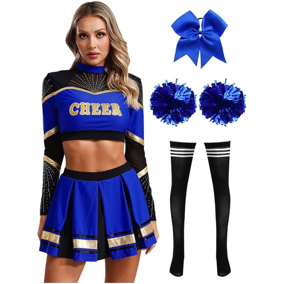 TiaoBug Women Cheerleading Dance Outfit Long Sleeve Mock Neck Crop Top with Pleated Skirt 5Pcs Set Blue&Black XXL