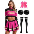 thumbnail image 1 of TiaoBug Women Cheerleading Dance Outfit Long Sleeve Mock Neck Crop Top with Pleated Skirt 5Pcs Set Hot Pink&Black S, 1 of 5