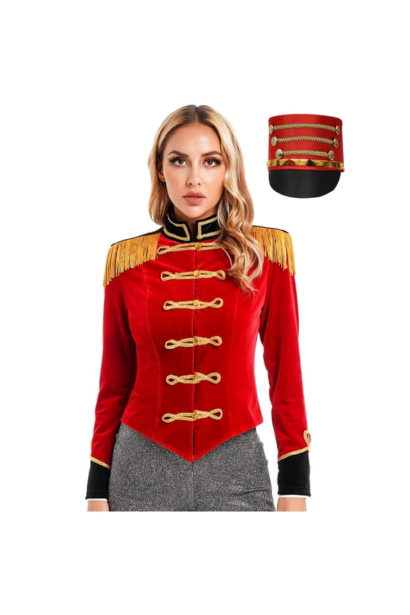 Women Circus Showman Costume Soft Velvet Long Sleeve Jacket Coat with Hat Red L