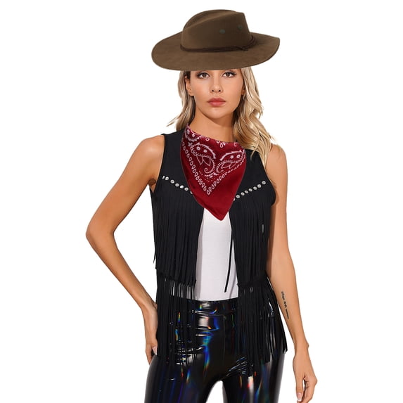 TiaoBug Women Cowgirl Costume Sleeveless Fringe Waistcoat Cowboy Tassel Vest Hat Bandana Outfits Black XL