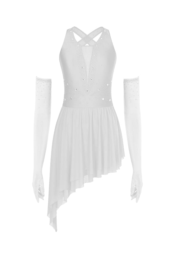 Women Dance Outfit Sleeveless Cross-Back Leotard Dress Gymnastics Competition Figure Skating Dress White S