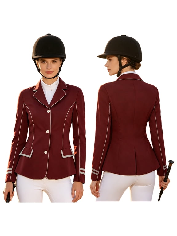 Women Equestrian Jacket Classic Three-Button Competition Horse Riding Show Coat Burgundy XS