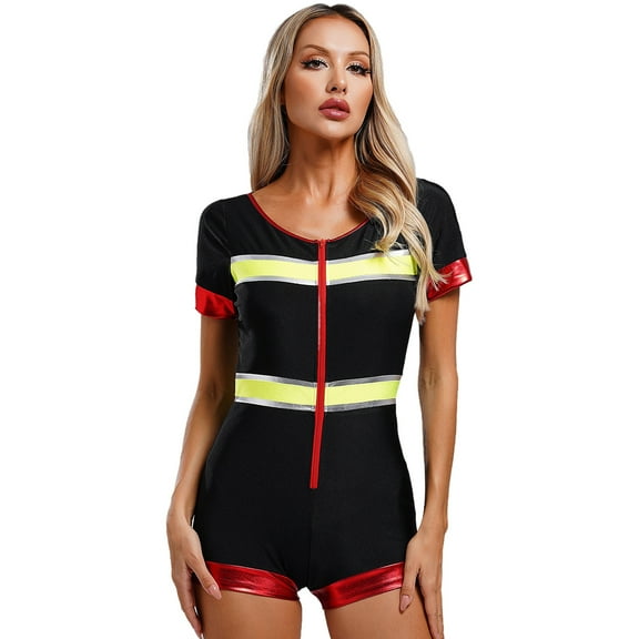 TiaoBug Women Firefighter Costume Halloween Club Party Role Play Bodysuit Shorts Sleeves Romper Uniform Black XXL