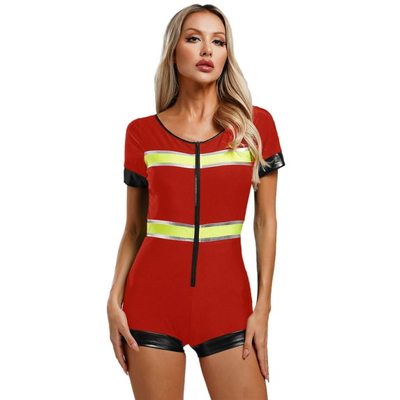 TiaoBug Women Firefighter Costume Halloween Club Party Role Play Bodysuit Shorts Sleeves Romper Uniform Red S