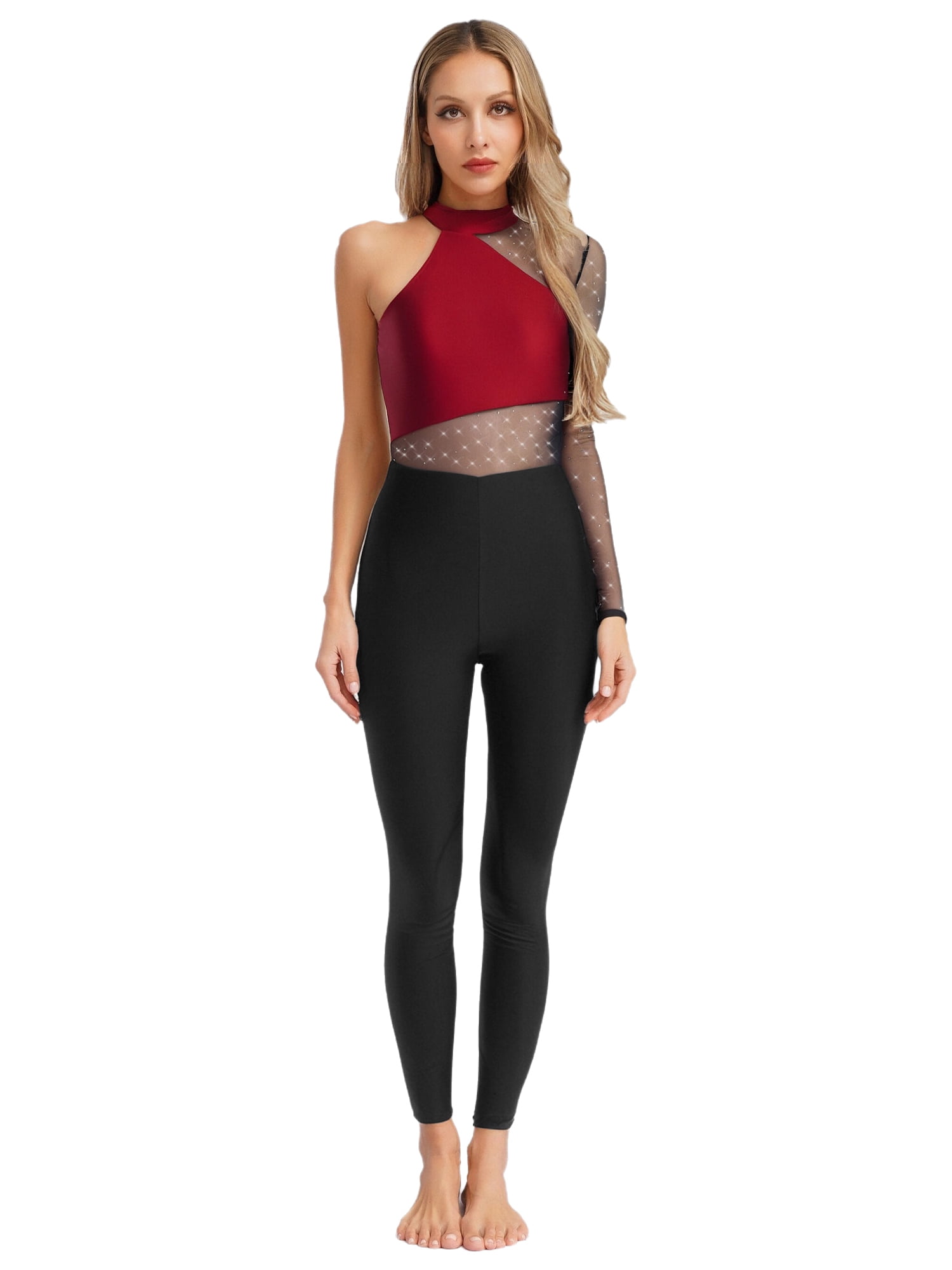 TiaoBug Women Full Body Dance Unitard Single Long Sleeve Mesh Cutout ...