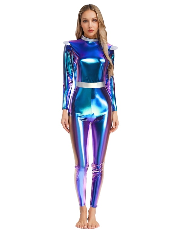 Women Galaxy Space Alien Jumpsuit Dance Unitard Shiny Metallic Catsuit for Rave Club Party Blue S