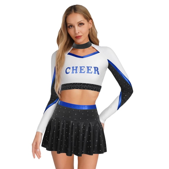 TiaoBug Women Girls Cheer Leader Uniform Dress Cheerleading Outfits Sparkle Long Sleeve Crop Top with Skirt Set Black&Blue XL