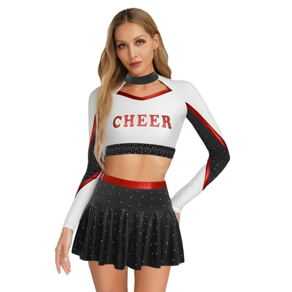 TiaoBug Women Girls Cheer Leader Uniform Dress Cheerleading Outfits Sparkle Long Sleeve Crop Top with Skirt Set Black&Red XL