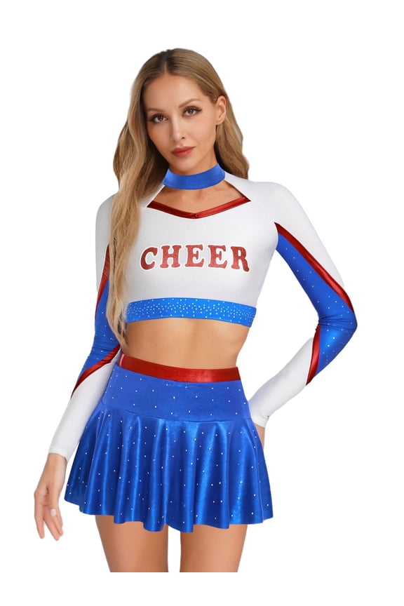 Women Girls Cheer Leader Uniform Dress Cheerleading Outfits Sparkle Long Sleeve Crop Top with Skirt Set Blue S