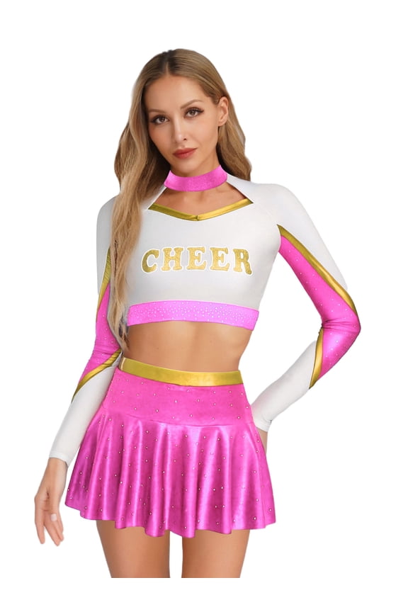 Women Girls Cheer Leader Uniform Dress Cheerleading Outfits Sparkle Long Sleeve Crop Top with Skirt Set Hot Pink S