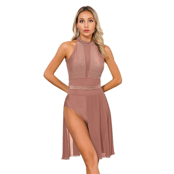 TiaoBug Women Glitter Sequins Lyrical Dance Dress Sleeveless Ballet Leotard Gymnastics Bodysuit Dusty Pink L