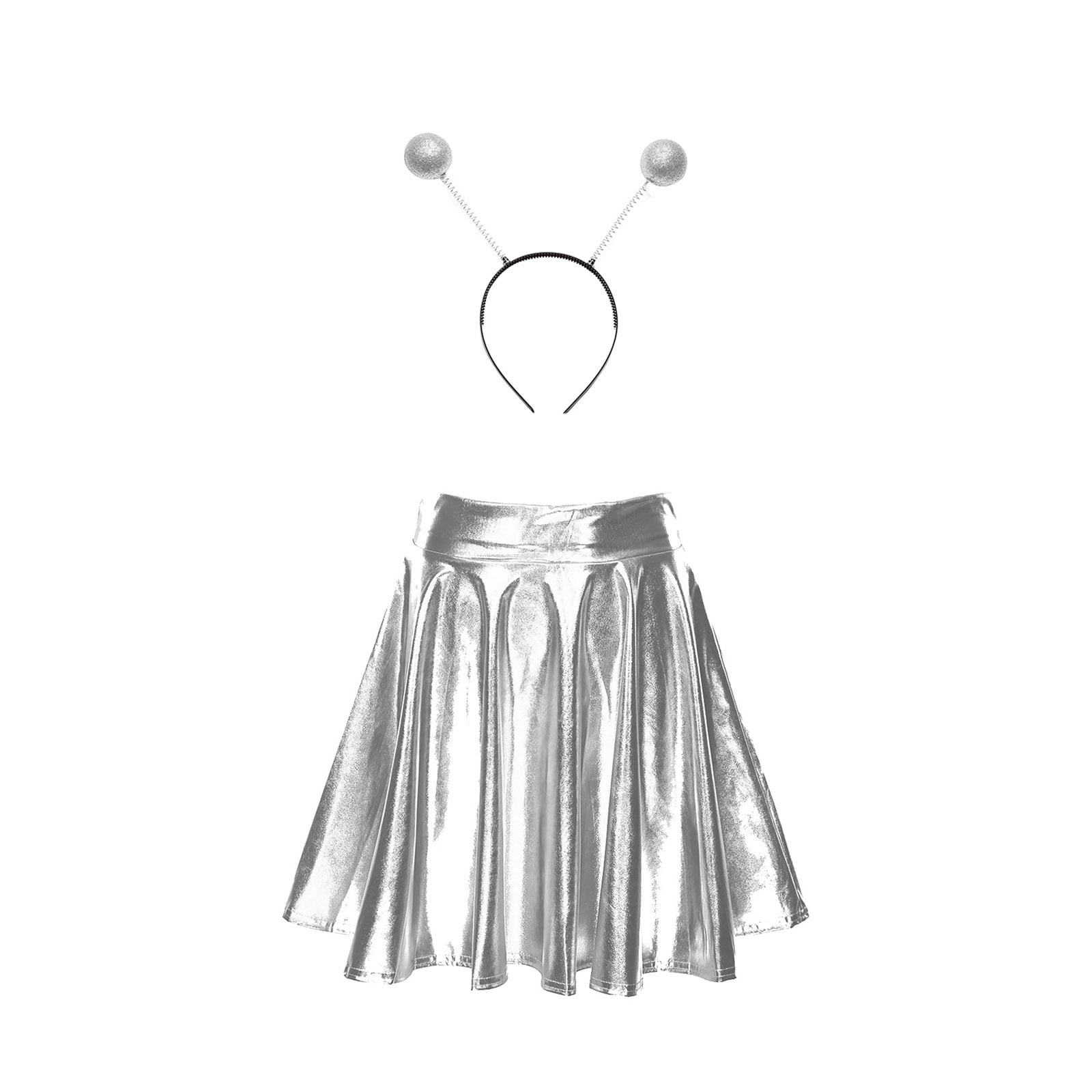 TiaoBug Women Glossy Alien Outfit Metallic Pleated Short Skirt with ...