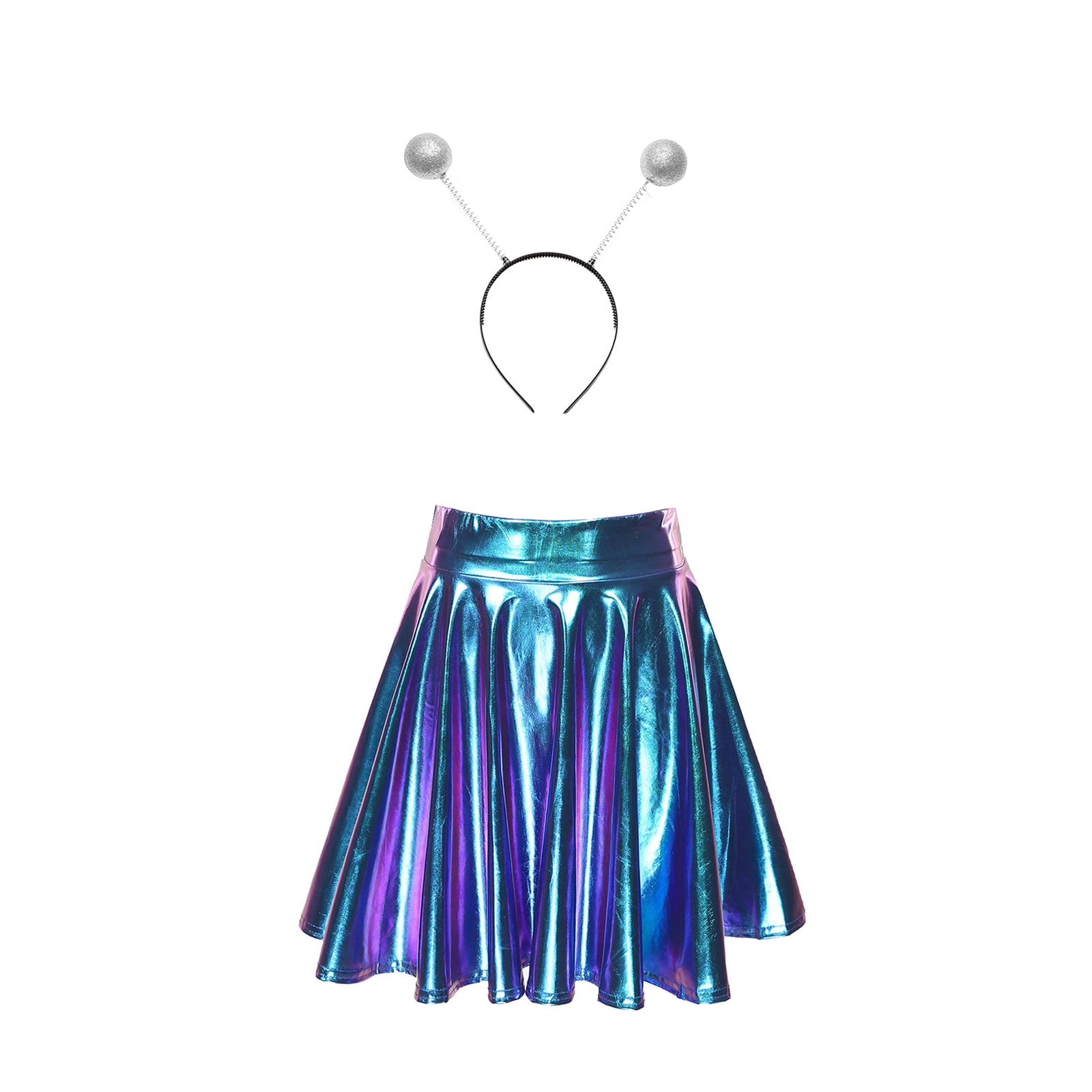 TiaoBug Women Glossy Alien Outfit Metallic Pleated Short Skirt with ...