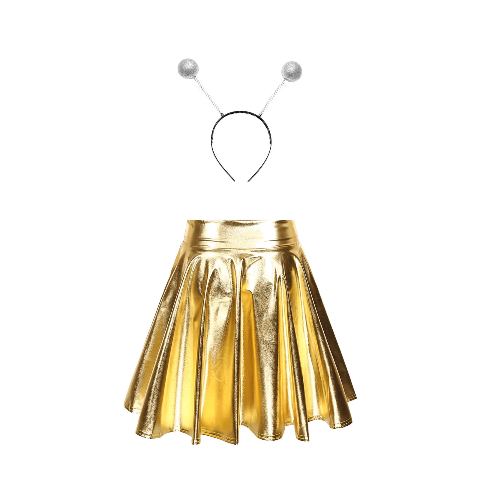 TiaoBug Women Glossy Alien Outfit Metallic Pleated Short Skirt with ...
