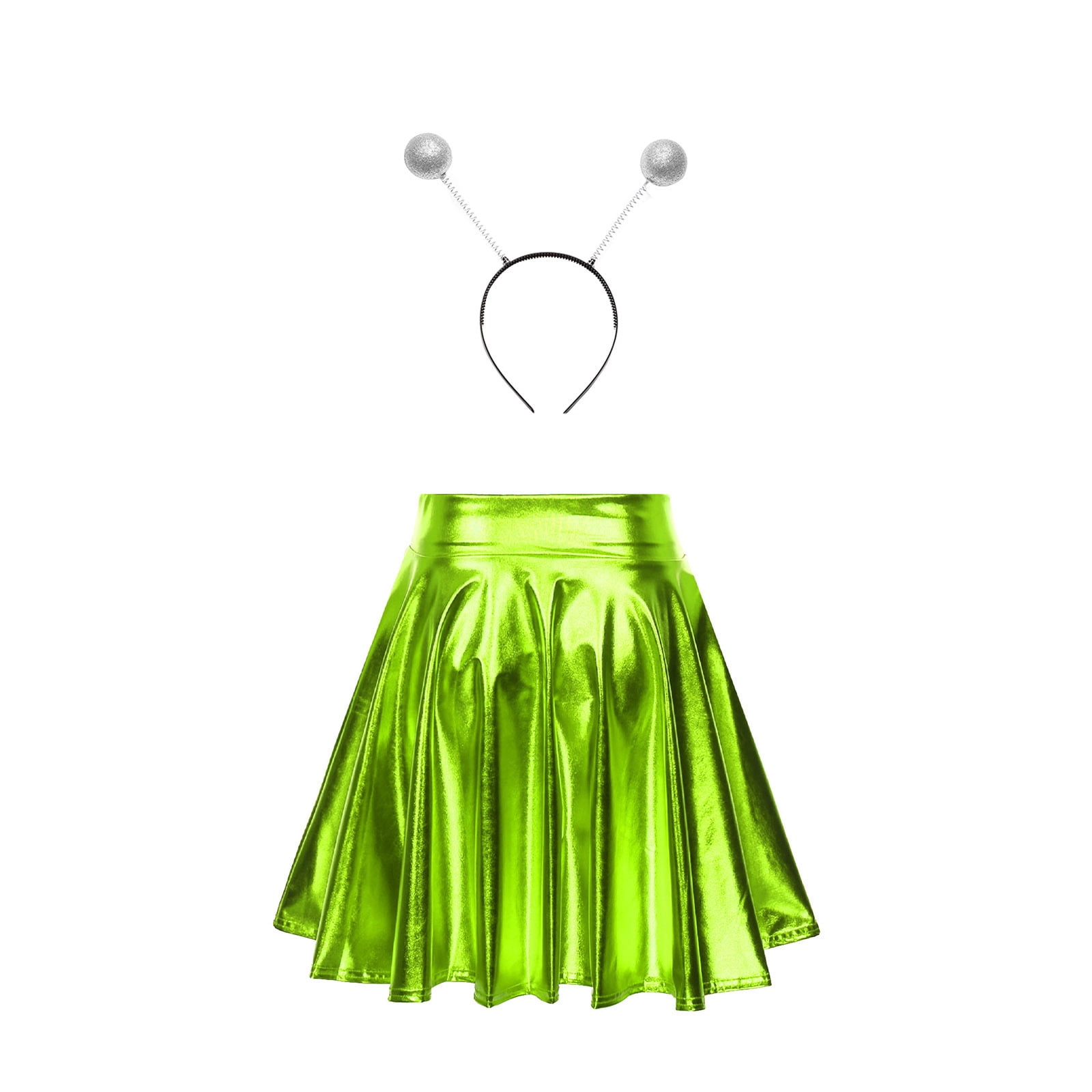 TiaoBug Women Glossy Alien Outfit Metallic Pleated Short Skirt with ...