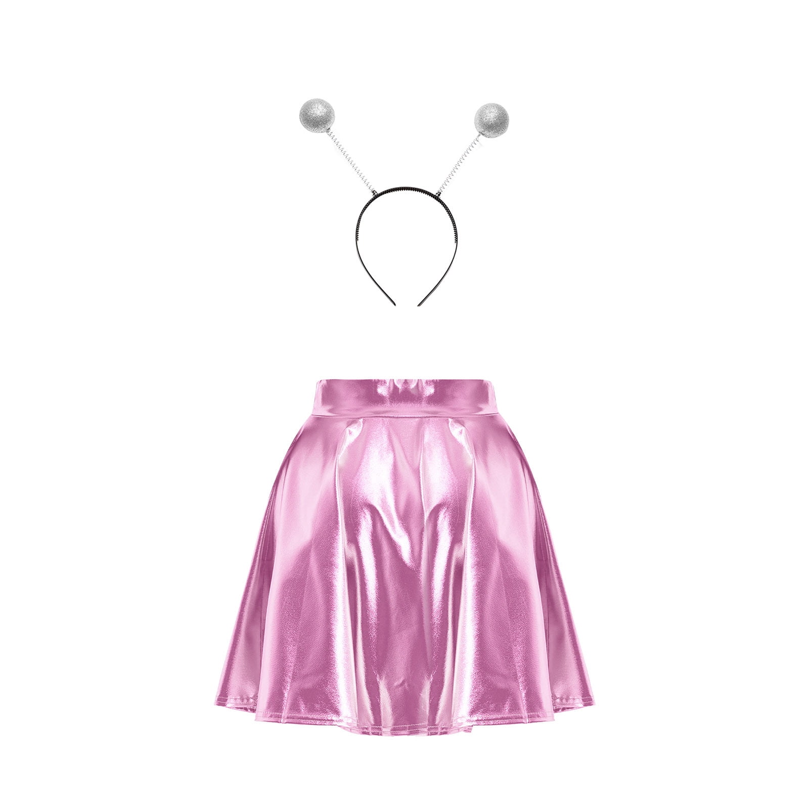 TiaoBug Women Glossy Alien Outfit Metallic Pleated Short Skirt with ...