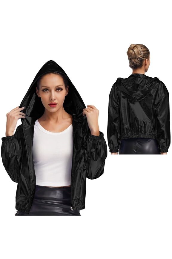 Women Holographic Sweatshirts 70s 80s Bomber Jacket Long Sleeve Hoodies for Disco Dance Black 4XL
