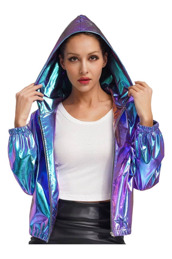Women Holographic Sweatshirts 70s 80s Bomber Jacket Long Sleeve Hoodies for Disco Dance Blue L