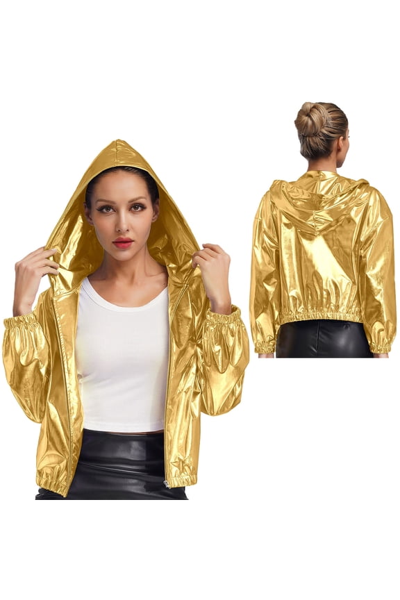 Women Holographic Sweatshirts 70s 80s Bomber Jacket Long Sleeve Hoodies for Disco Dance Gold M