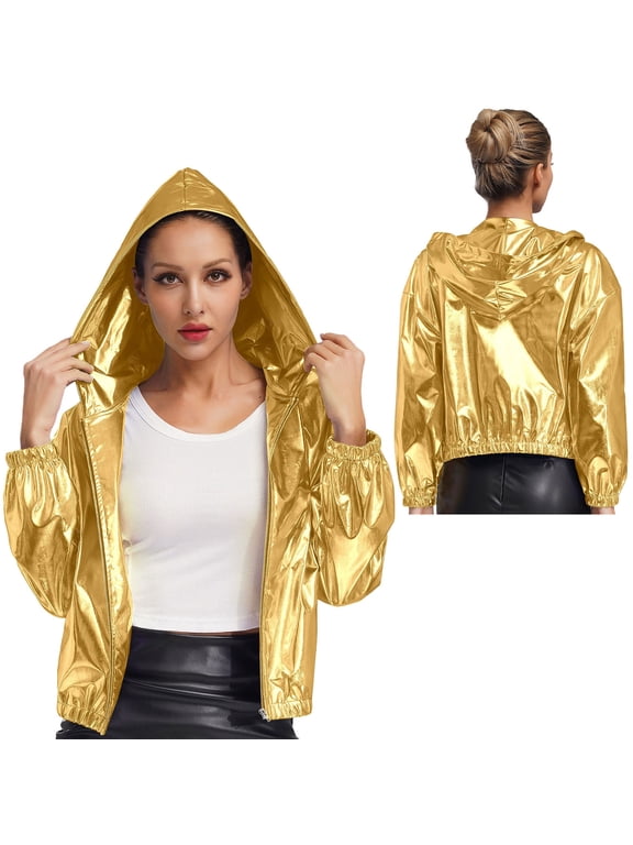 Women Holographic Sweatshirts 70s 80s Bomber Jacket Long Sleeve Hoodies for Disco Dance Gold XXL